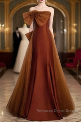 Mermaid Brown Tulle Satin Strapless Long Party Dress Formal Dress Semi Formal Prom Dress With Bow(S)