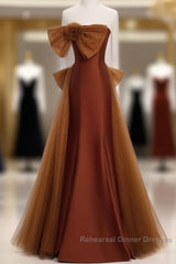 Mermaid Brown Tulle Satin Strapless Long Party Dress Formal Dress Semi Formal Prom Dress