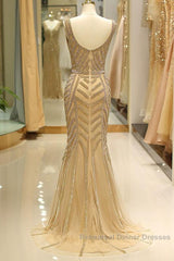 Mermaid Deep V-Neck Gold Beaded Semi Formal Prom Dress