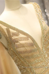 Mermaid Deep V-Neck Gold Beaded Semi Formal Prom Dress