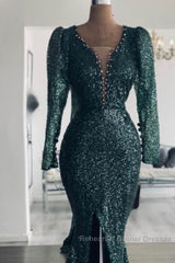 Mermaid Green Long Sleeve Sequin Semi Formal Prom Dress