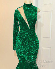 Mermaid Green Sequin Semi Formal Prom Dress One Shoulder High Neck