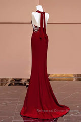 Mermaid Halter Burgundy Long Semi Formal Prom Dresses