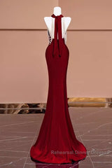 Mermaid Halter Burgundy Long Semi Formal Prom Dresses