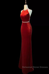 Mermaid Halter Burgundy Long Velvet Semi Formal Prom Dresses