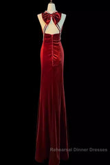 Mermaid Halter Burgundy Long Velvet Semi Formal Prom Dresses