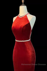 Mermaid Halter Burgundy Long Velvet Semi Formal Prom Dresses