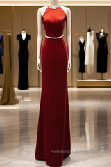 Mermaid Halter Burgundy Long Velvet Semi Formal Prom Dresses
