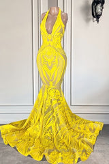 Mermaid Halter Floor-length Sleeveless Open Back Appliques Lace Semi Formal Prom Dresses