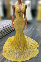 Mermaid Halter Floor-length Sleeveless Open Back Sequined Appliques Lace Semi Formal Prom Dresses