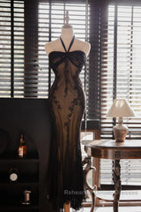 Mermaid Halter Neck Tulle Applique Long Semi Formal Prom Dress