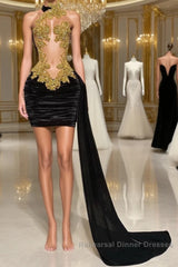 Mermaid High Neck Applique Lace Mini Sleeveless Backless Semi Formal Prom Dresses With Side Train