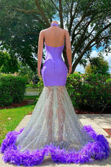 Mermaid High Neck Floor-length Sleeveless Open Back Appliques Lace Beaded Semi Formal Prom Dresses With Feather