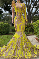 Mermaid High Neck One Shoulder Sequined Floor-length Long Sleeve Lace Semi Formal Prom Dresses
