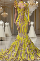Mermaid High Neck One Shoulder Sequined Floor-length Long Sleeve Lace Semi Formal Prom Dresses
