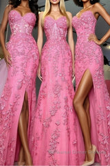 Mermaid Hot Pink Lace Long Semi Formal Prom Dresses, Long Hot Pink Formal Graduation Evening Dresses