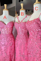 Mermaid Hot Pink Lace Long Semi Formal Prom Dresses, Long Hot Pink Formal Graduation Evening Dresses