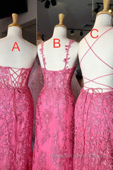 Mermaid Hot Pink Lace Long Semi Formal Prom Dresses, Long Hot Pink Formal Graduation Evening Dresses