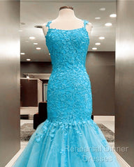 Mermaid Ice Blue Semi Formal Prom Dresses Lace Embroidery