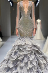 Mermaid Jewel Lace Sequined Open Back Floor-length Long Sleeve Lace Beading Semi Formal Prom Dresses With Feather