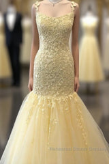 Mermaid Long Semi Formal Prom Dresses, Yellow Lace Semi Formal Prom Dresses, Modest Evening Party Dresses