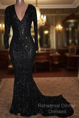 Mermaid Long-Sleeves Black Sequined Semi Formal Prom Dresses