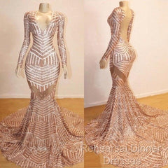 Mermaid Long Sleevess V-Neck Sequined Sweep Train Semi Formal Prom Dresses