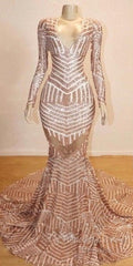 Mermaid Long Sleevess V-Neck Sequined Sweep Train Semi Formal Prom Dresses