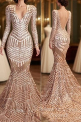 Mermaid Long Sleevess V-Neck Sequined Sweep Train Semi Formal Prom Dresses