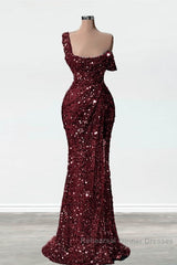 Mermaid One Shoulder Slit Sequin Semi Formal Prom Dress