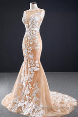 Mermaid Open Back Champagne Lace Long Semi Formal Prom Dresses, Champagne Lace Formal Dresses, Champagne Evening Dresses