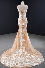 Mermaid Open Back Champagne Lace Long Semi Formal Prom Dresses, Champagne Lace Formal Dresses, Champagne Evening Dresses
