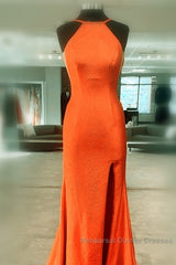 Mermaid Orange Semi Formal Prom Dresses Halter Neck Split