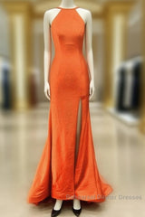 Mermaid Orange Semi Formal Prom Dresses Halter Neck Split