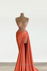 Mermaid Peach Semi Formal Prom Dresses Appliques With Slit