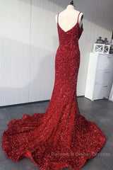 Mermaid Red Spaghetti Straps Velvet Sequin Semi Formal Prom Dress
