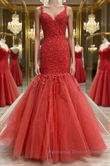 Mermaid Red Tulle Lace Long Semi Formal Prom Dresses, Mermaid Red Formal Dresses, Red Lace Evening Dresses