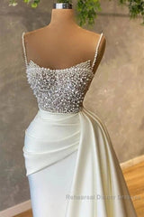 Mermaid Satin Spaghetti Strap Sweetheart Sequined Beaded Long Semi Formal Prom Dress Gorgeous Evening Dress
