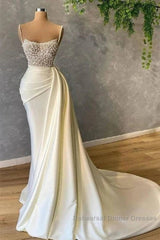 Mermaid Satin Spaghetti Strap Sweetheart Sequined Beaded Long Semi Formal Prom Dress Gorgeous Evening Dress