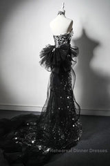 Mermaid Sequin Tulle Black Long Semi Formal Prom Dress, Black Long Formal Dress