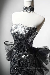 Mermaid Sequin Tulle Black Long Semi Formal Prom Dress, Black Long Formal Dress