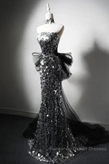 Mermaid Sequin Tulle Black Long Semi Formal Prom Dress, Black Long Formal Dress