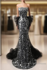 Mermaid Sequin Tulle Black Long Semi Formal Prom Dress, Black Long Formal Dress