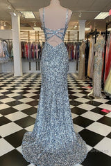 Mermaid Silver Sequin Semi Formal Prom Dress V-Neck Long Formal Gown Slit