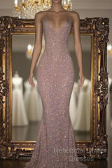 Mermaid Sleeveless Long Rose Pink Sequin Semi Formal Prom Dresses
