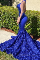 Mermaid Spaghetti strap Appliques Lace Sequined Open Back Floor-length Sleeveless Semi Formal Prom Dresses