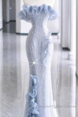 Mermaid Strapless Blue Sequin Semi Formal Prom Dresses Evening Dress
