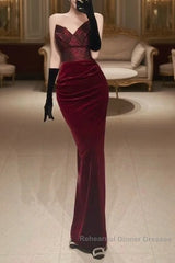 Mermaid Strapless Burgundy Long Lace Semi Formal Prom Dress