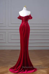 Mermaid Strapless Burgundy Velvet Semi Formal Prom Dresses Evening Dress