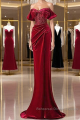 Mermaid Strapless Burgundy Velvet Semi Formal Prom Dresses Evening Dress
